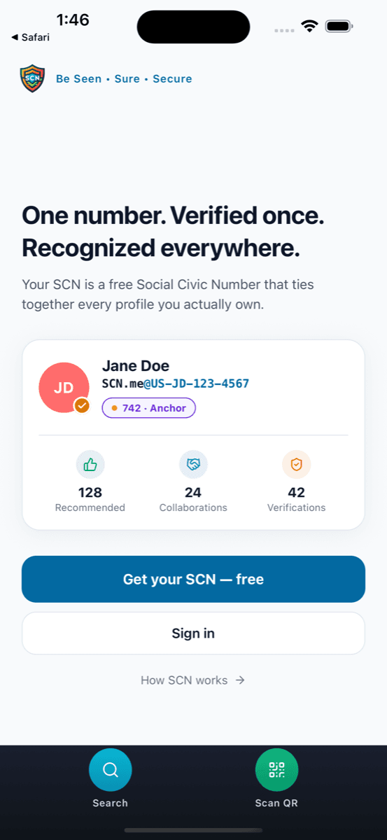 The entry screen, showing a verified profile card