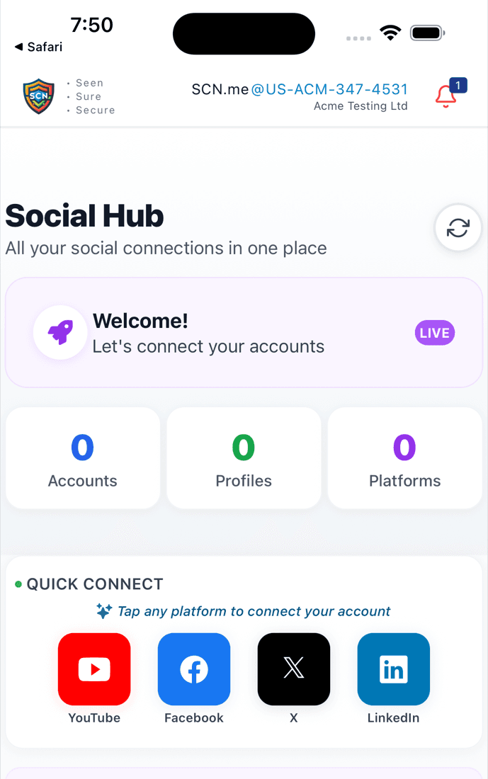 The Social Hub screen in the SCN app, headed 'All your social connections in one place', with YouTube, Facebook, X and LinkedIn offered to connect